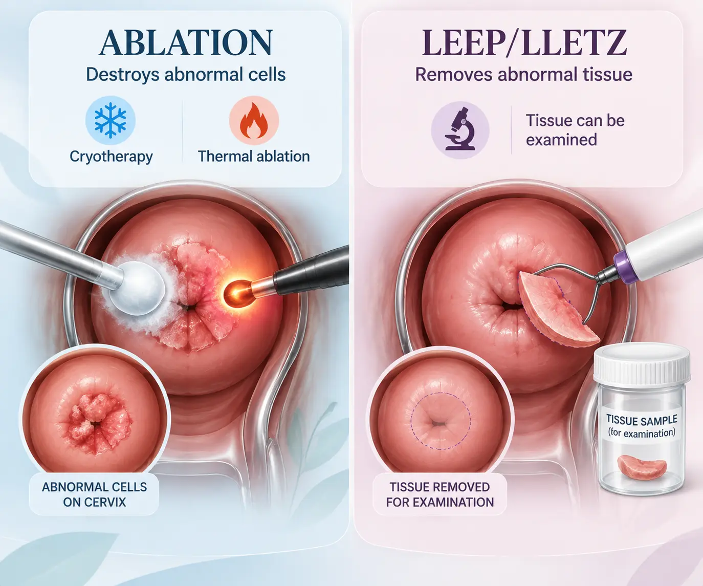 Illustration comparing ablation, which destroys abnormal cervical cells, with LEEP/LLETZ, which removes tissue for examination