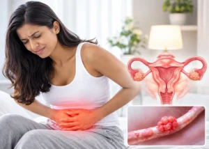 Woman holding her lower abdomen in discomfort, with an illustration of the uterus and cervix beside her